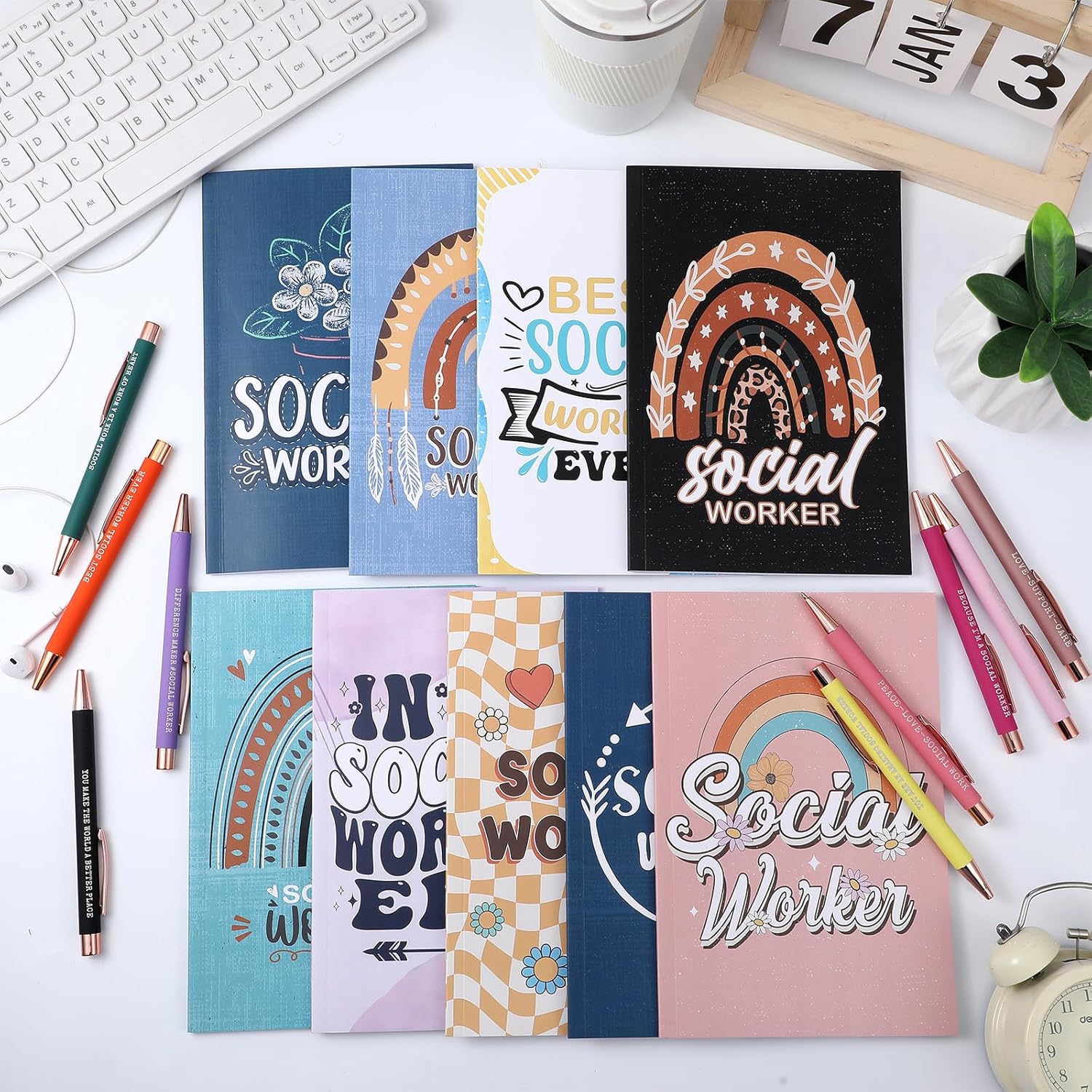 18-Piece Social Worker Appreciation Gift Set – Includes 9 Inspirational Notebooks & 9 Pens – Colorful Graduation Gifts