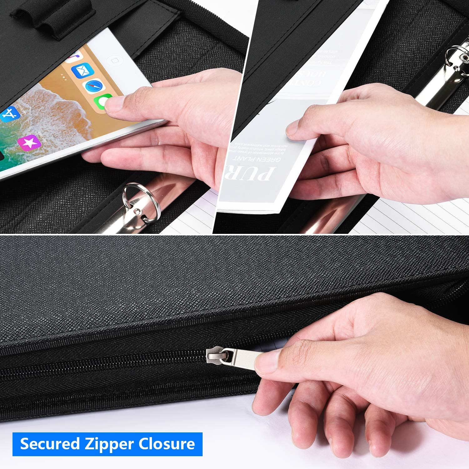 Portfolio Binder – Pacific Mailer 3-Ring Binder Organizer with Leather Folder, Writing Pad, Zipper Business Notebook for Tablets, Notepads, Resumes & Documents