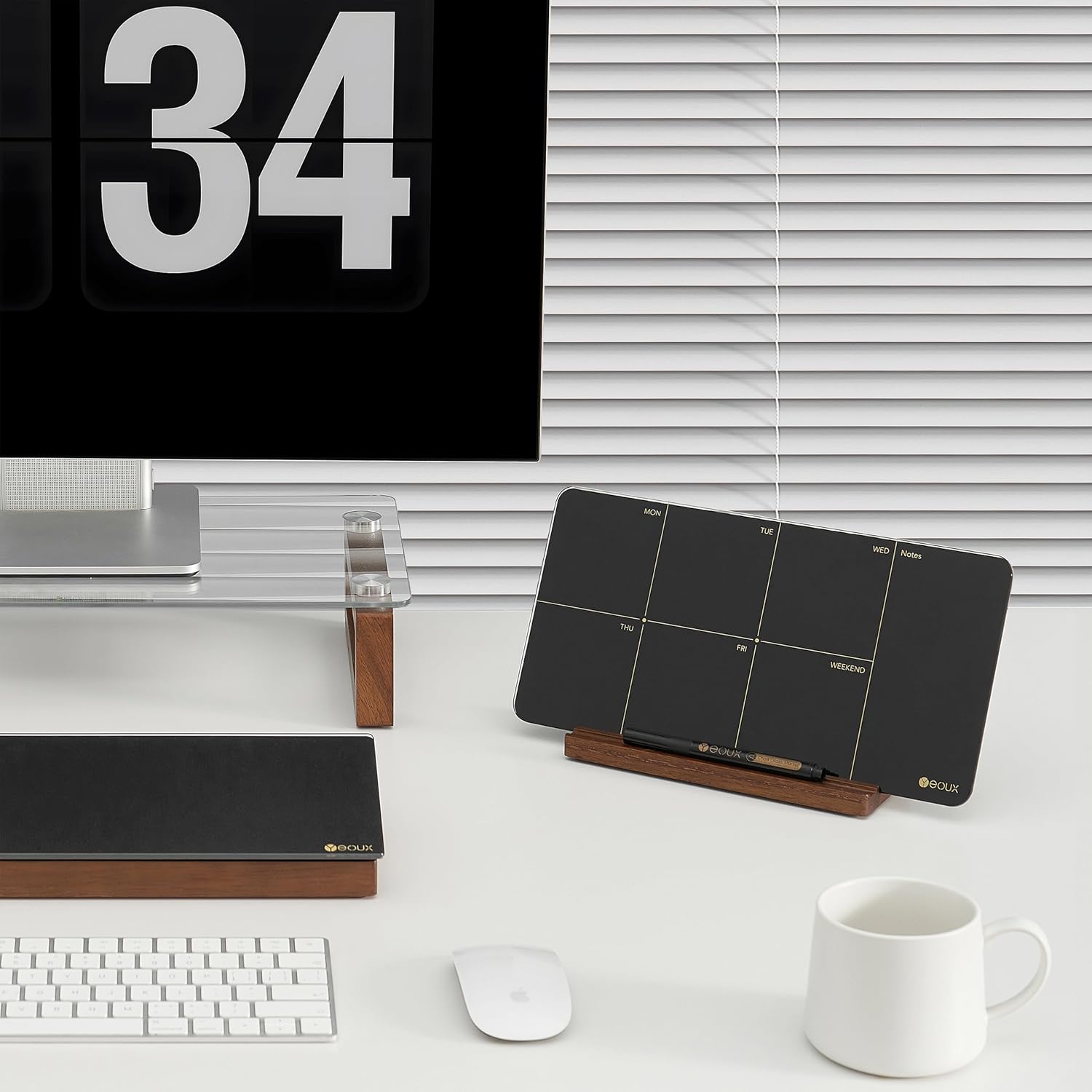 Desktop Black Glass Weekly Planner Dry Erase Whiteboard – 12x6 Portable Calendar with Detachable Wood Stand, Marker & Eraser – For Office, Home, Schools