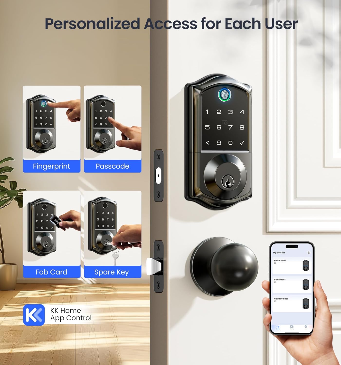 VE017 Fingerprint Smart Door Lock – 7-in-1 Keyless Entry with App Control, Biometric, Touchscreen Keypad, Auto Lock – Matte Black