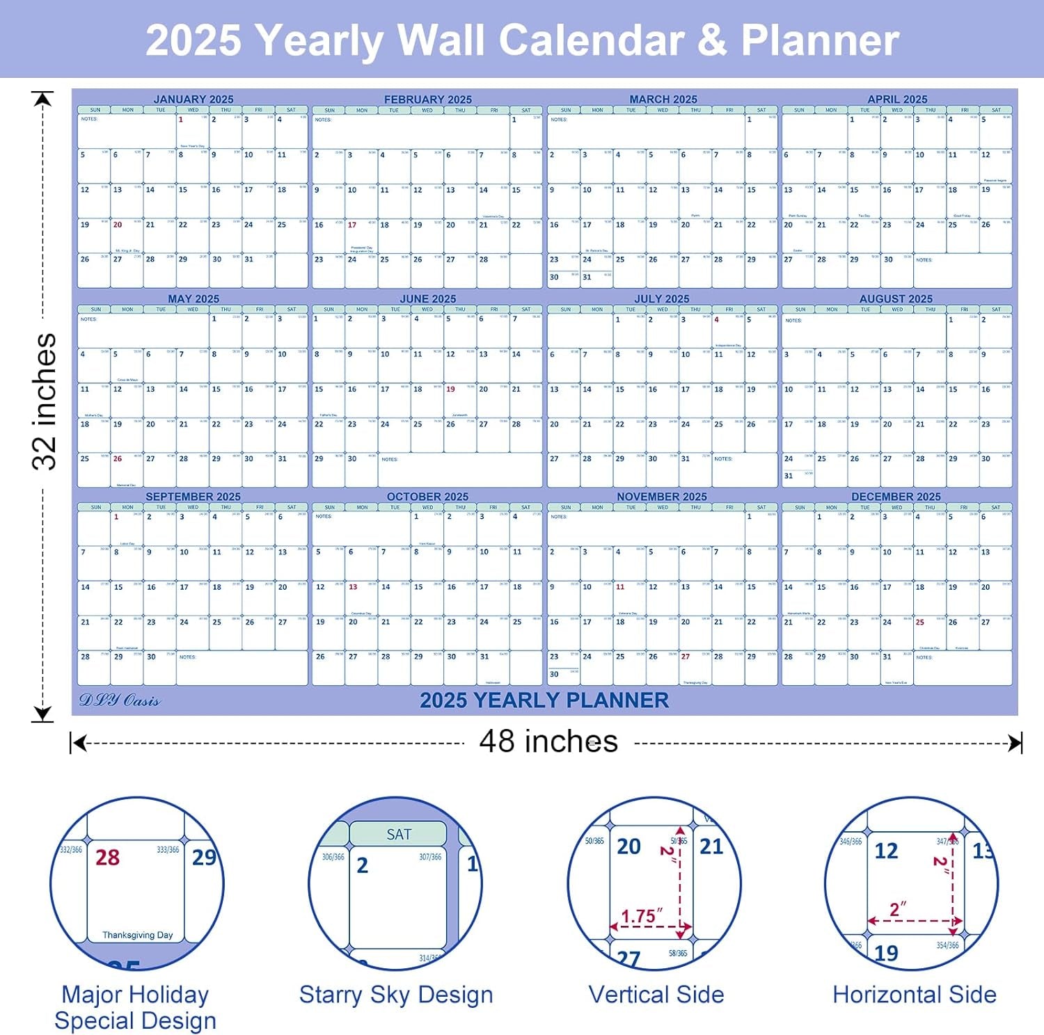 DLY Oasis 32" x 48" 2025 Wall Calendar – Folded Wet & Dry Erase Laminated Yearly Planner with Julian Dates, Horizontal/Vertical Layout – Blue – New