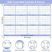 DLY Oasis 32" x 48" 2025 Wall Calendar – Folded Wet & Dry Erase Laminated Yearly Planner with Julian Dates, Horizontal/Vertical Layout – Blue – New