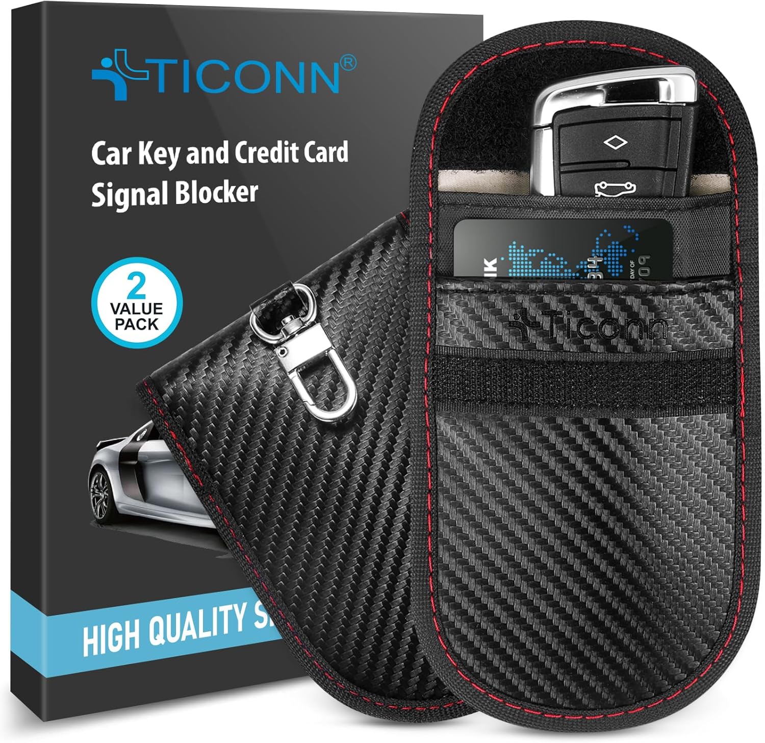 TICONN Faraday Bag for Key Fob (2-Pack) – RFID Signal Blocking Anti-Theft Pouch – Carbon Fiber Pattern – PU Leather Key Case for Car Security