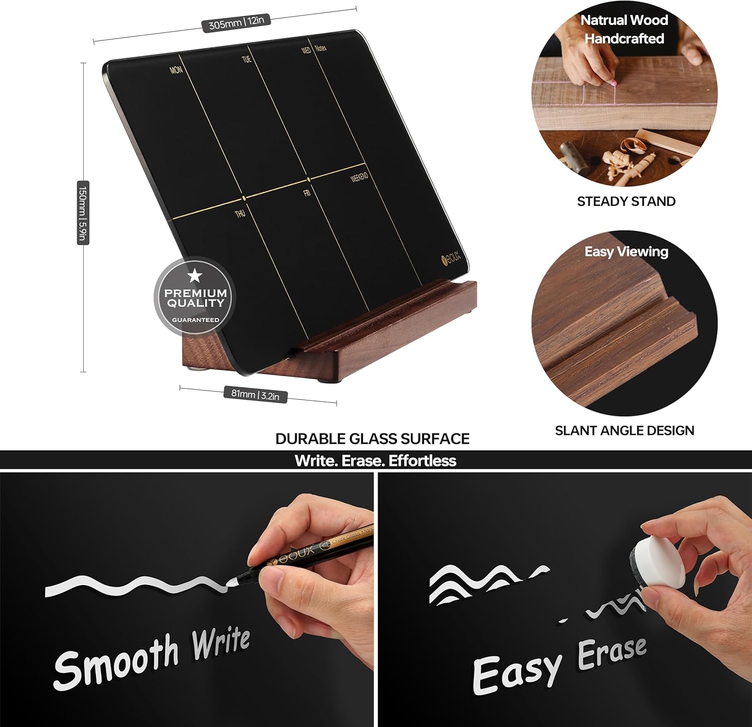 Desktop Black Glass Weekly Planner Dry Erase Whiteboard – 12x6 Portable Calendar with Detachable Wood Stand, Marker & Eraser – For Office, Home, Schools