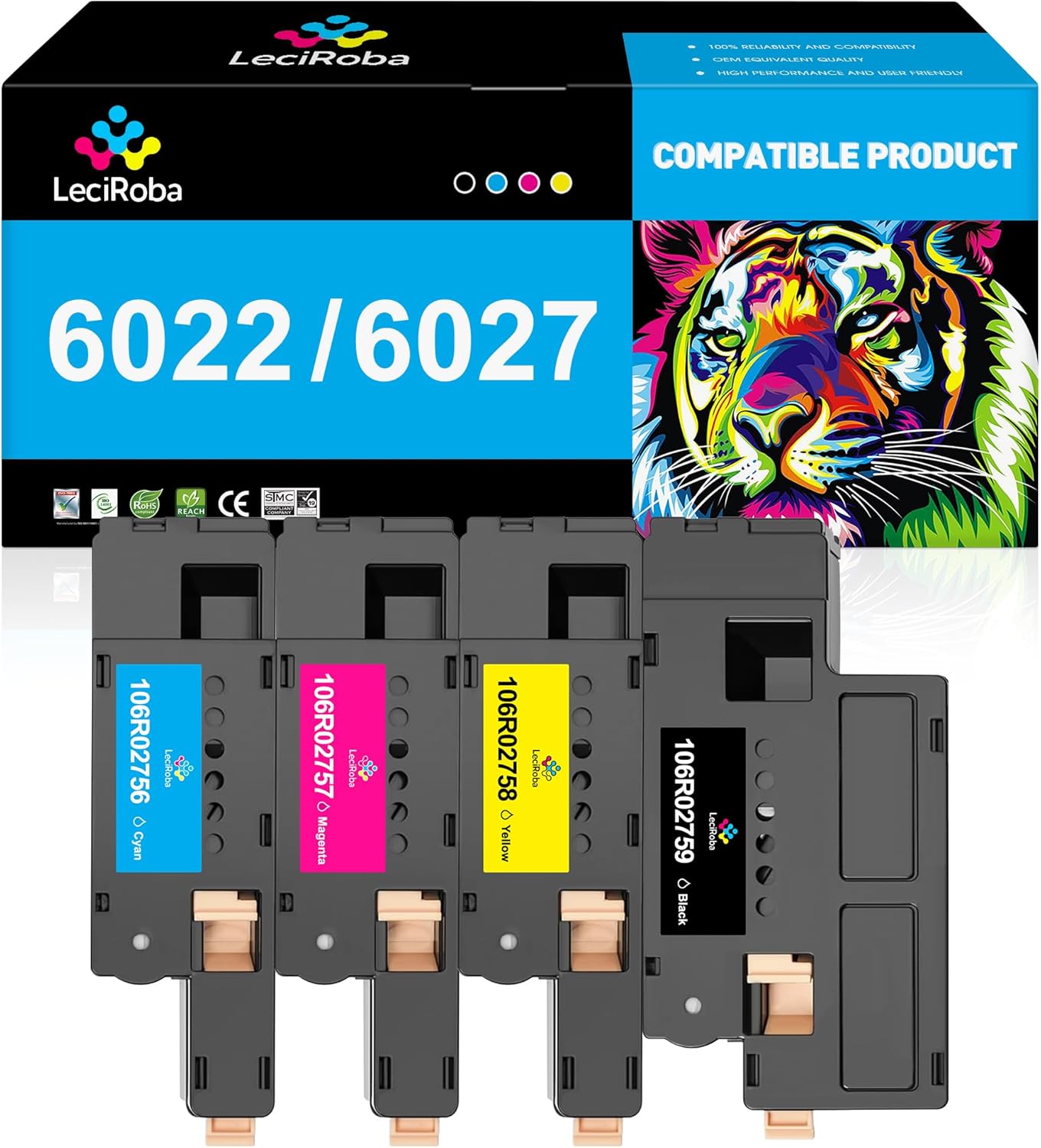 LeciRoba 3-Pack High-Yield Toner Cartridge Replacement for Xerox 106R02759/58/57/56 – Compatible with Xerox Phaser 6020, 6022, WorkCentre 6025, 6027 Series (Black/Yellow/Magenta – Cyan Not Included)