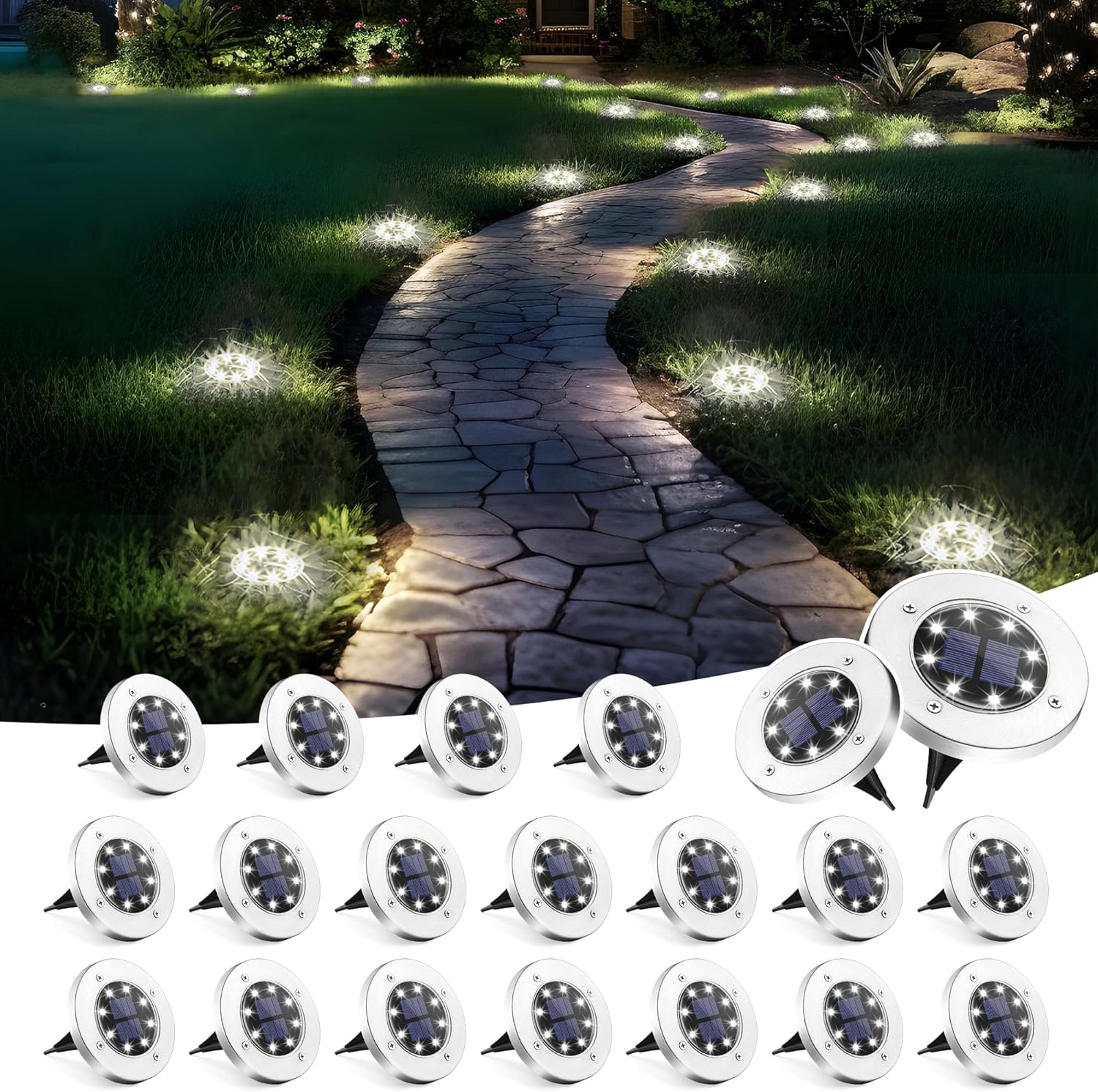 SOLPEX 20-Pack Solar Ground Lights – Outdoor Waterproof LED Pathway Lights for Garden, Patio, Driveway, Walkway – Cool White Landscape Lighting