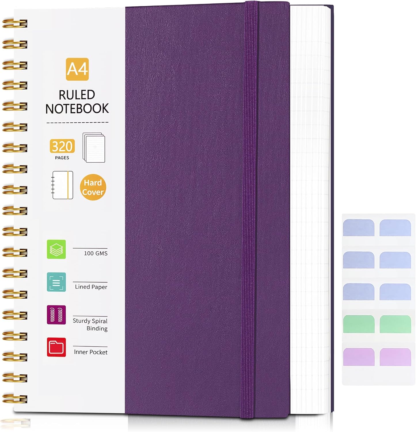 Billtigif Hardcover Spiral Notebook – A4 College Ruled Journal with 320 Pages, Faux Leather Cover, Index Tabs, Purple