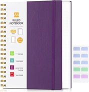 Billtigif Hardcover Spiral Notebook – A4 College Ruled Journal with 320 Pages, Faux Leather Cover, Index Tabs, Purple
