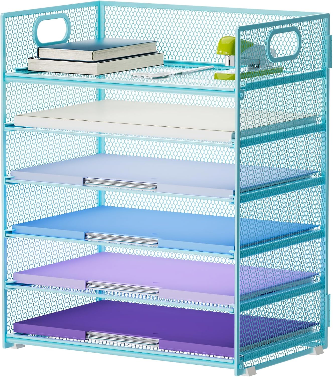 Marbrasse 6-Tier Paper Organizer – Blue Mesh Letter Tray with Handle – Office Desk File Sorter for A4/Folders