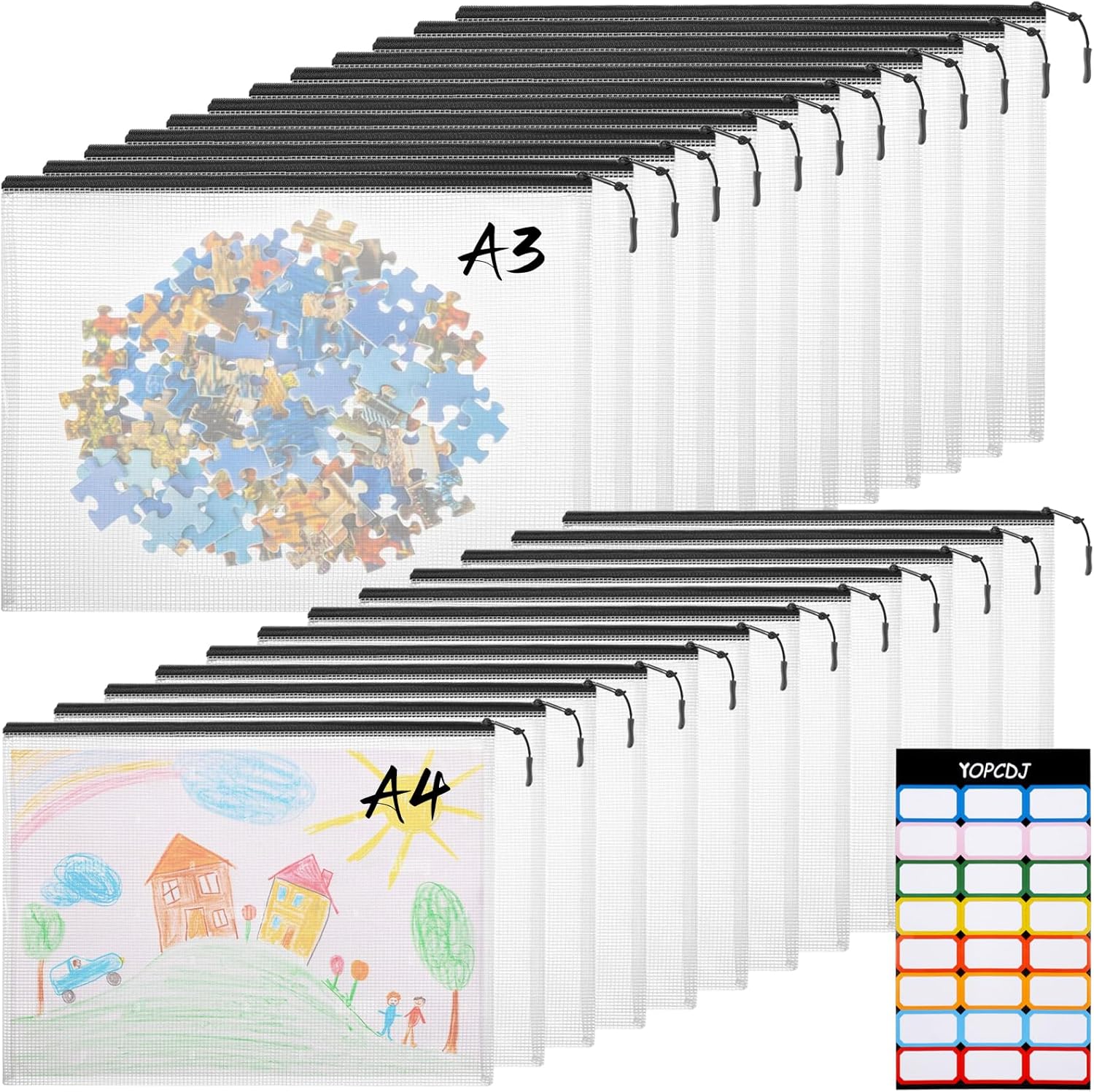18pcs Mesh Zipper Pouch File Bags – 10 Large A3 & 8 Letter A4 Waterproof PVC Storage Bags – Black Reusable Zipper Bags for Puzzles, Board Games, School & Office Supplies