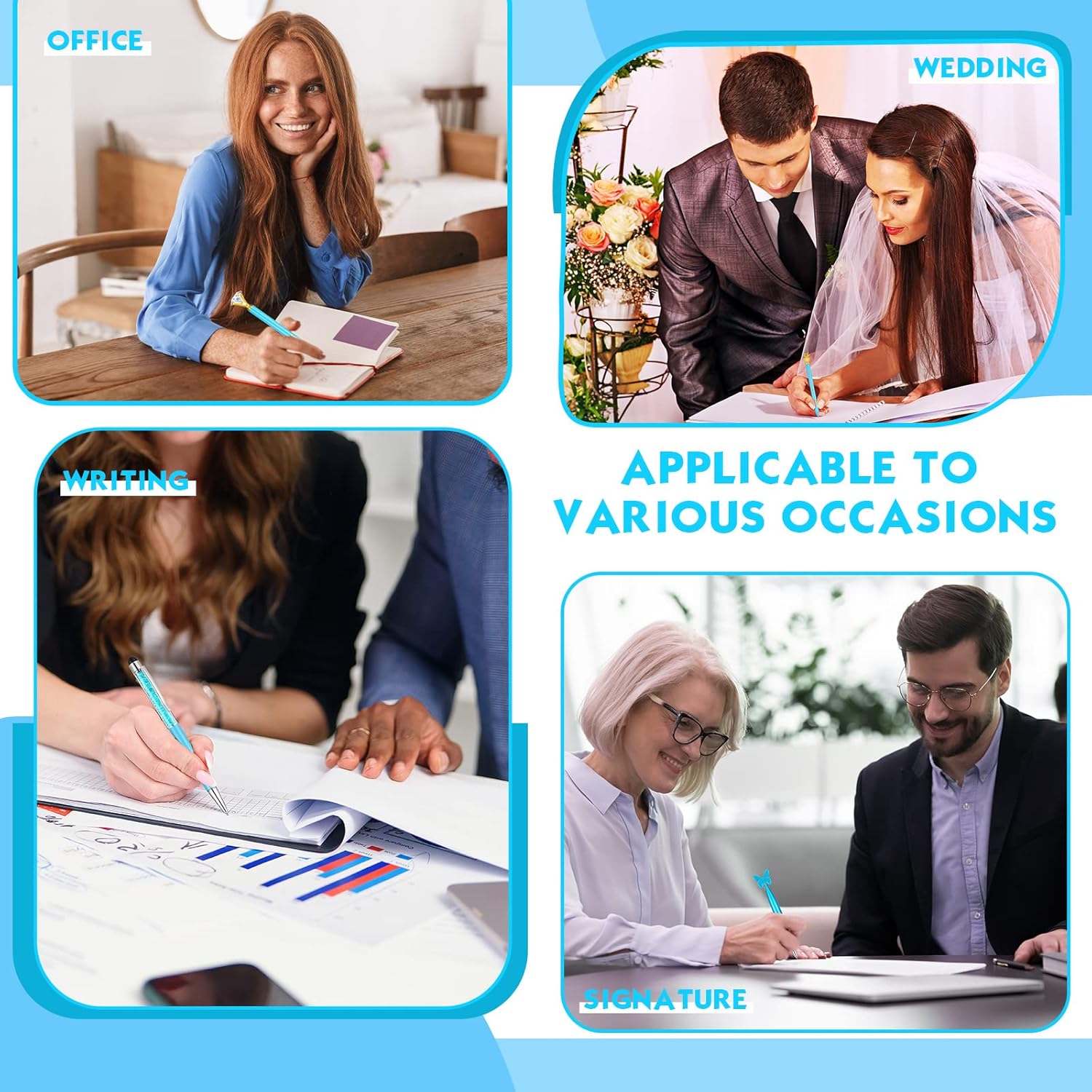 Estune 11-Piece Diamond Ballpoint Pens – Glitter Liquid Sand Crystal Pens for Women, Blue Ink, Metal Body (Blue)