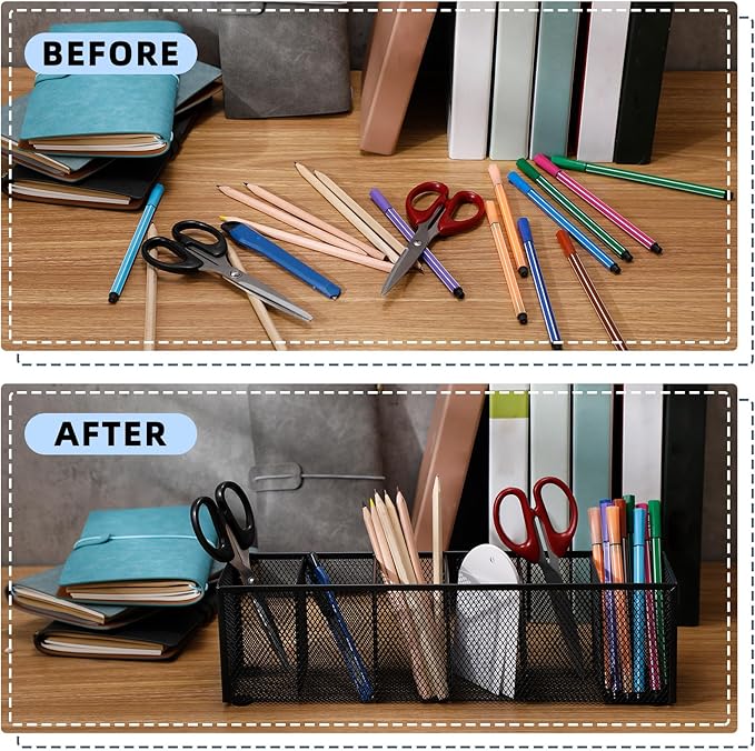 Teling 2 Pcs Mesh Desk Organizer - Black Metal Pen Holder with 6 Compartments, Desktop Stationery Pencil Caddy Basket