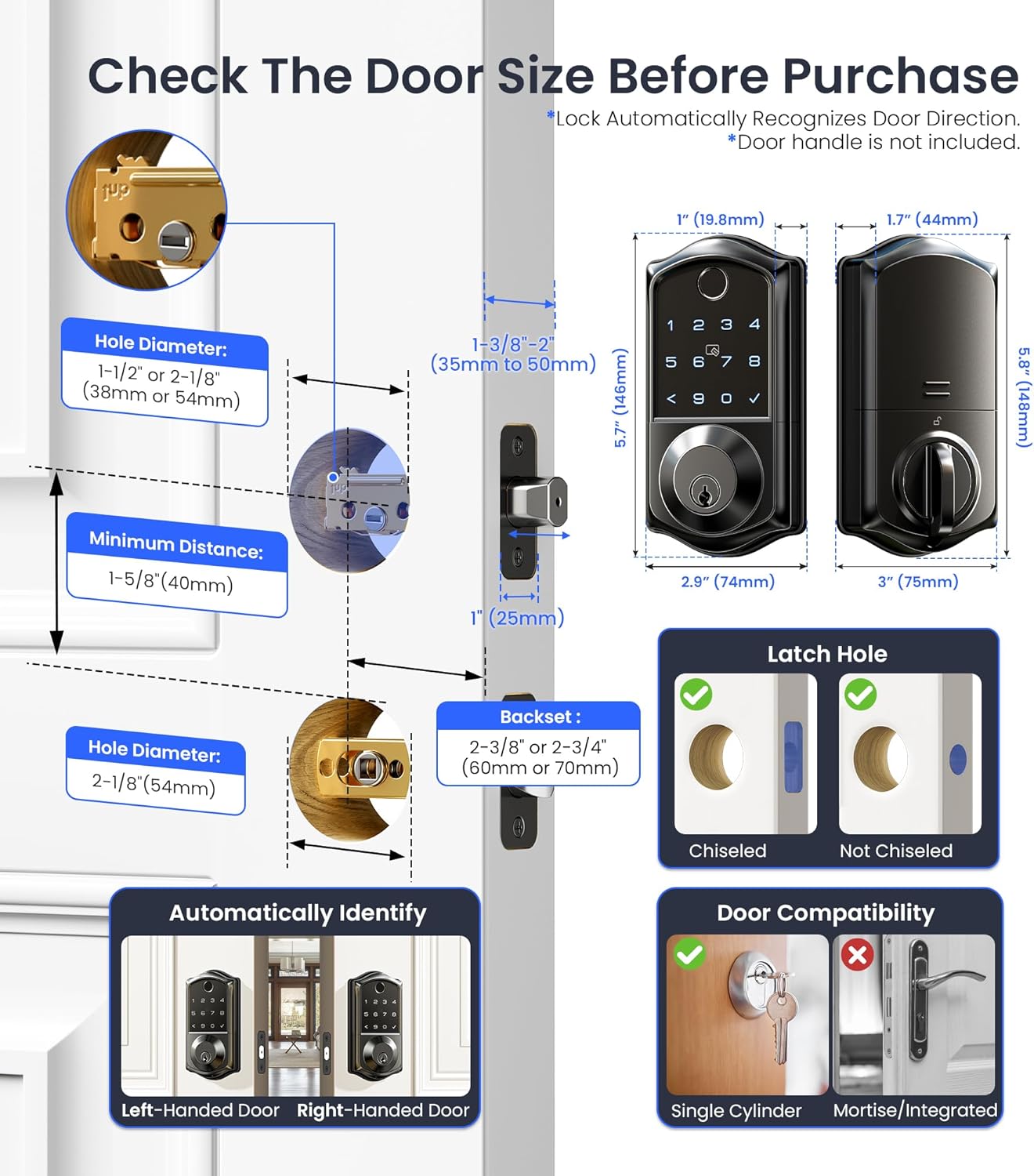 VE017 Fingerprint Smart Door Lock – 7-in-1 Keyless Entry with App Control, Biometric, Touchscreen Keypad, Auto Lock – Matte Black