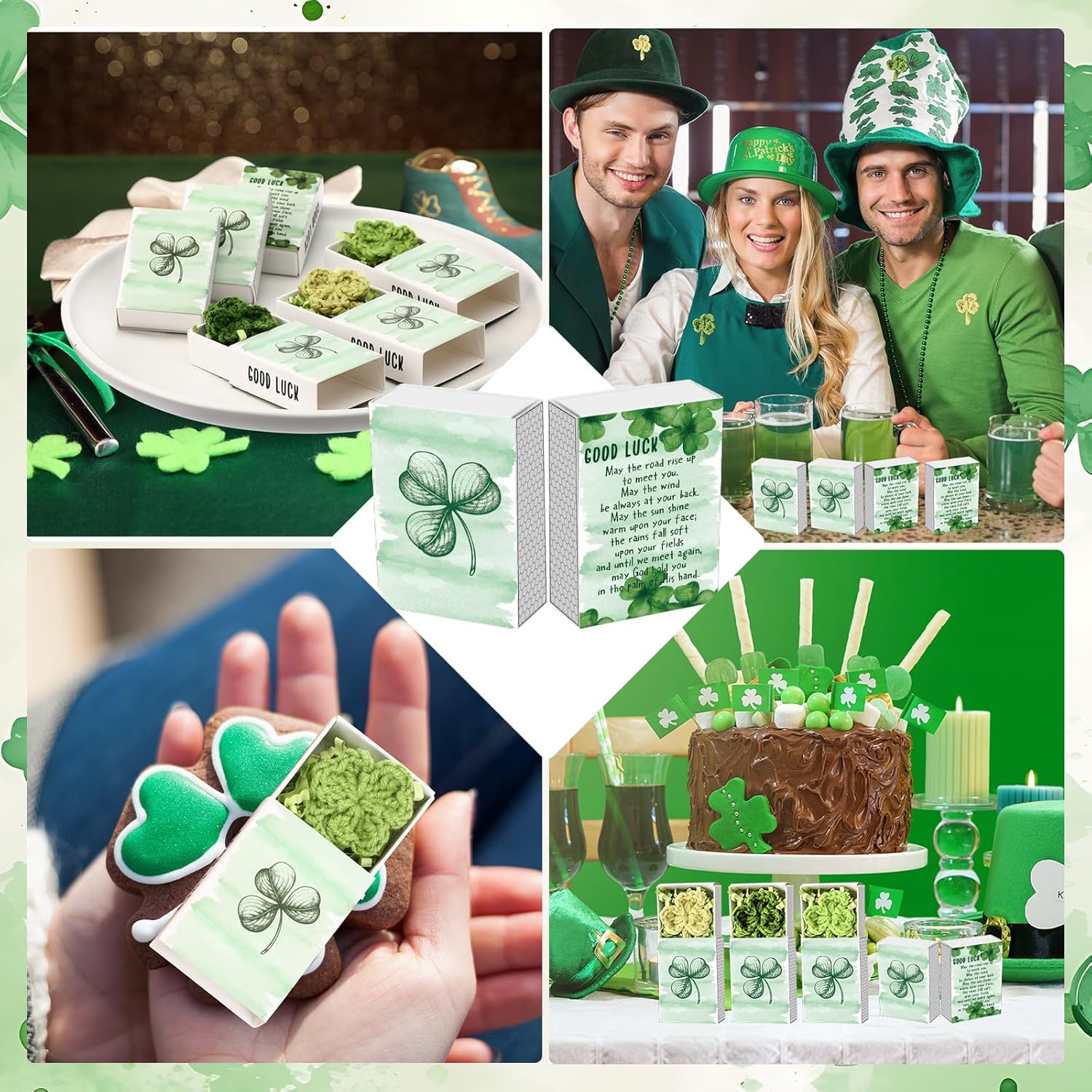 Wettarn 24 Sets St. Patrick's Day Crochet Shamrock Gifts – Handmade Lucky Clover with Greeting Box, Irish Day Party Favors & Decorations