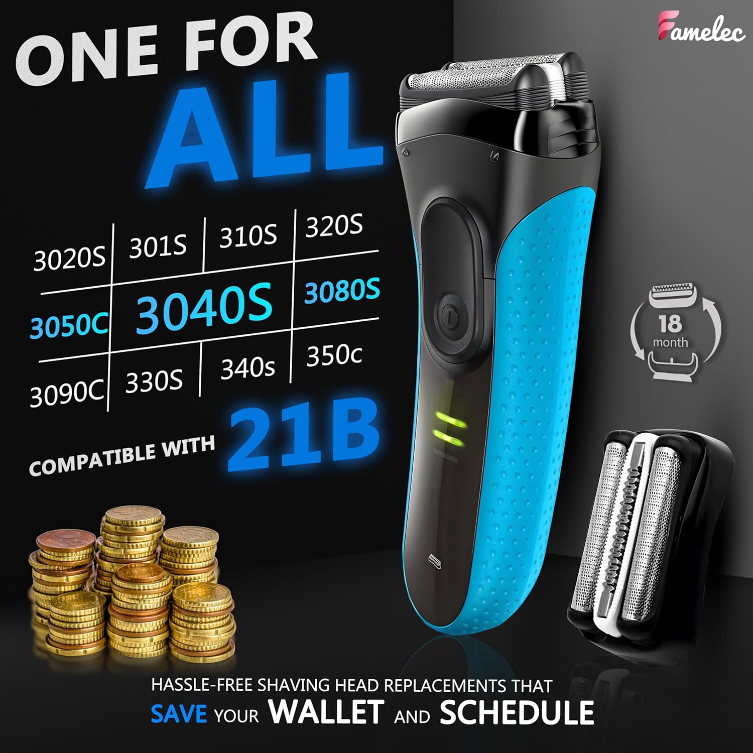 Head Shaver Replacement for Braun Series 3 – 32B Foil & Cutter, Waterproof, Compatible with Wet & Dry Electric Razors