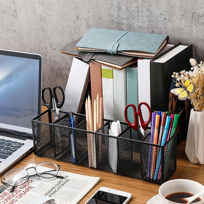 Teling 2 Pcs Mesh Desk Organizer - Black Metal Pen Holder with 6 Compartments, Desktop Stationery Pencil Caddy Basket