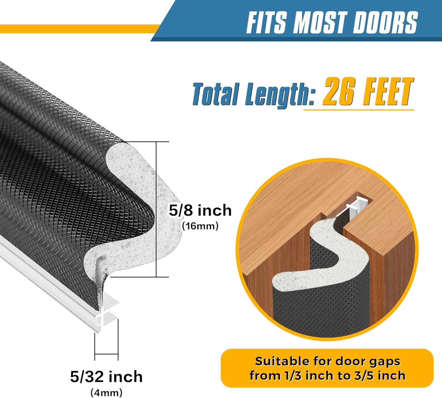 Weather Stripping Door Seal Strip 26FT – V-Shape Soundproofing Door Sealer for Large Gaps, Black