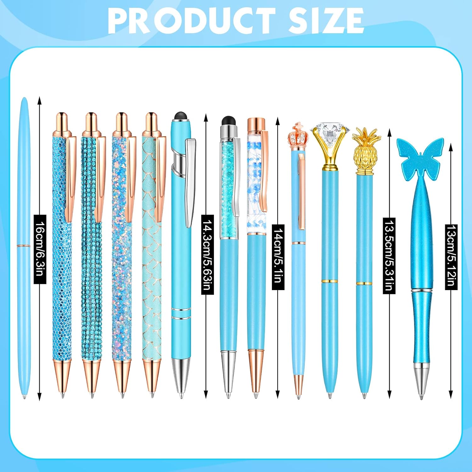 Estune 11-Piece Diamond Ballpoint Pens – Glitter Liquid Sand Crystal Pens for Women, Blue Ink, Metal Body (Blue)