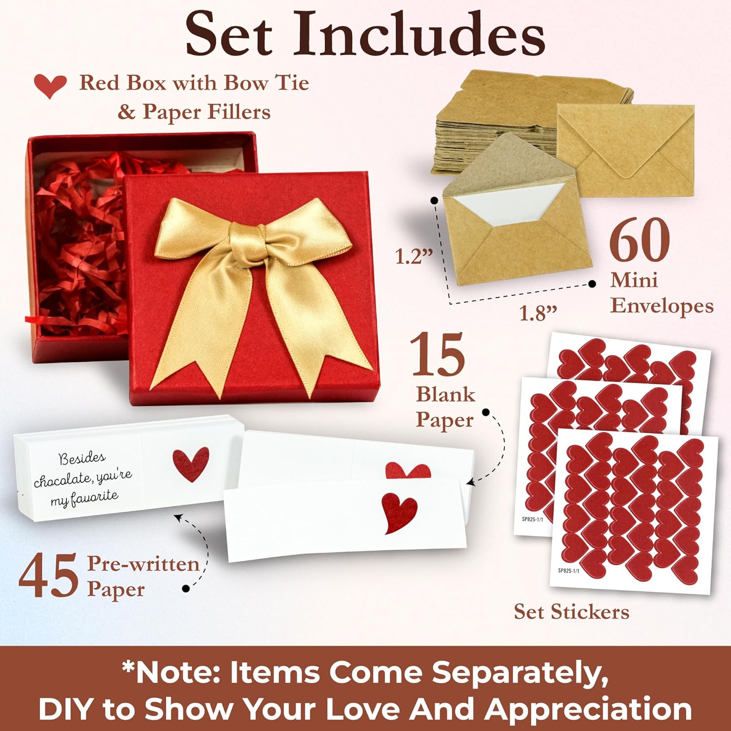 60 Love Notes for Him or Her – Mini Envelope Anniversary Cards & Lunch Notes – Long Distance Relationship Gift