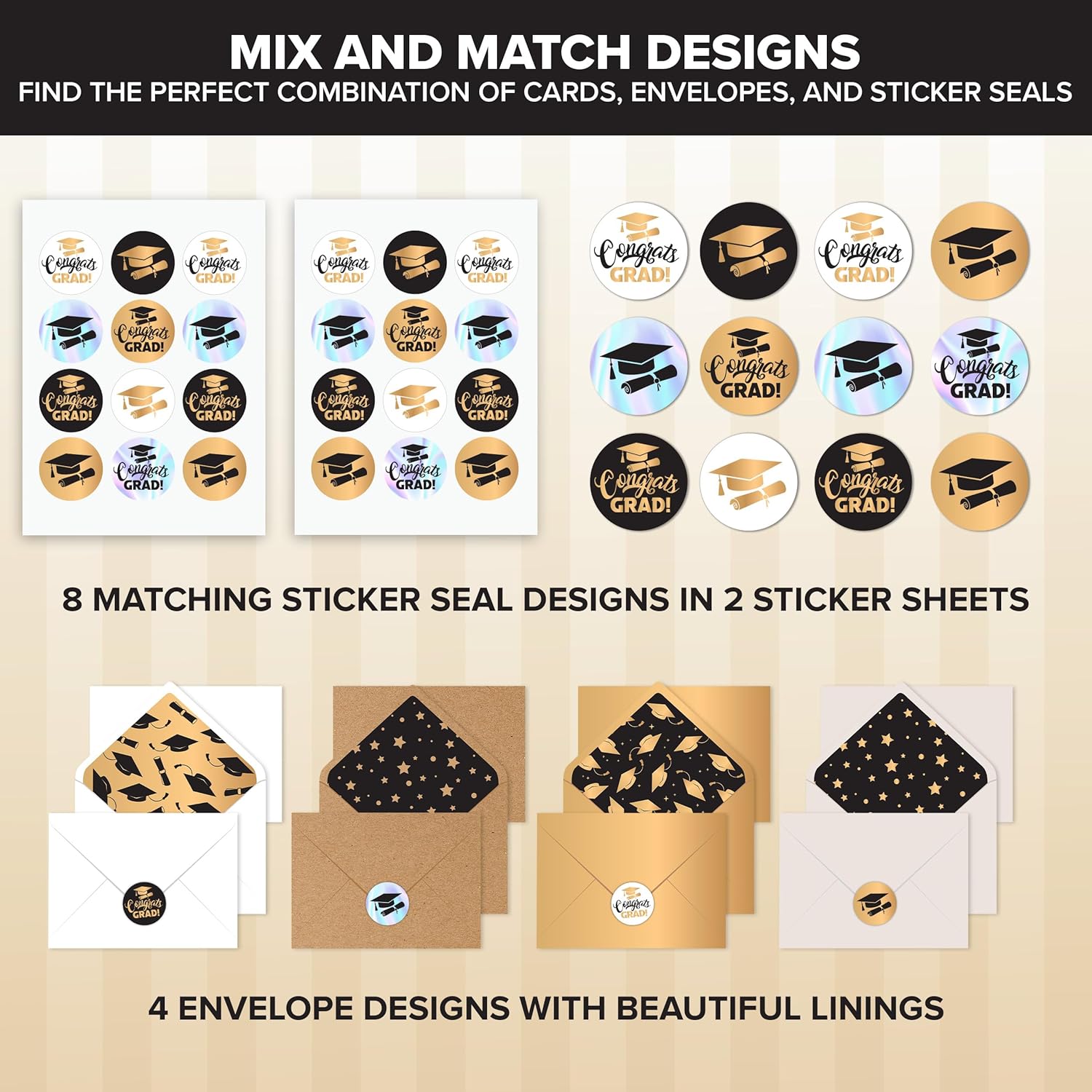 16-Pack Foiled, Glittery & Holographic Graduation Cards 2025 – 5x7in Cards with Envelopes & Stickers, 8 Elegant Designs