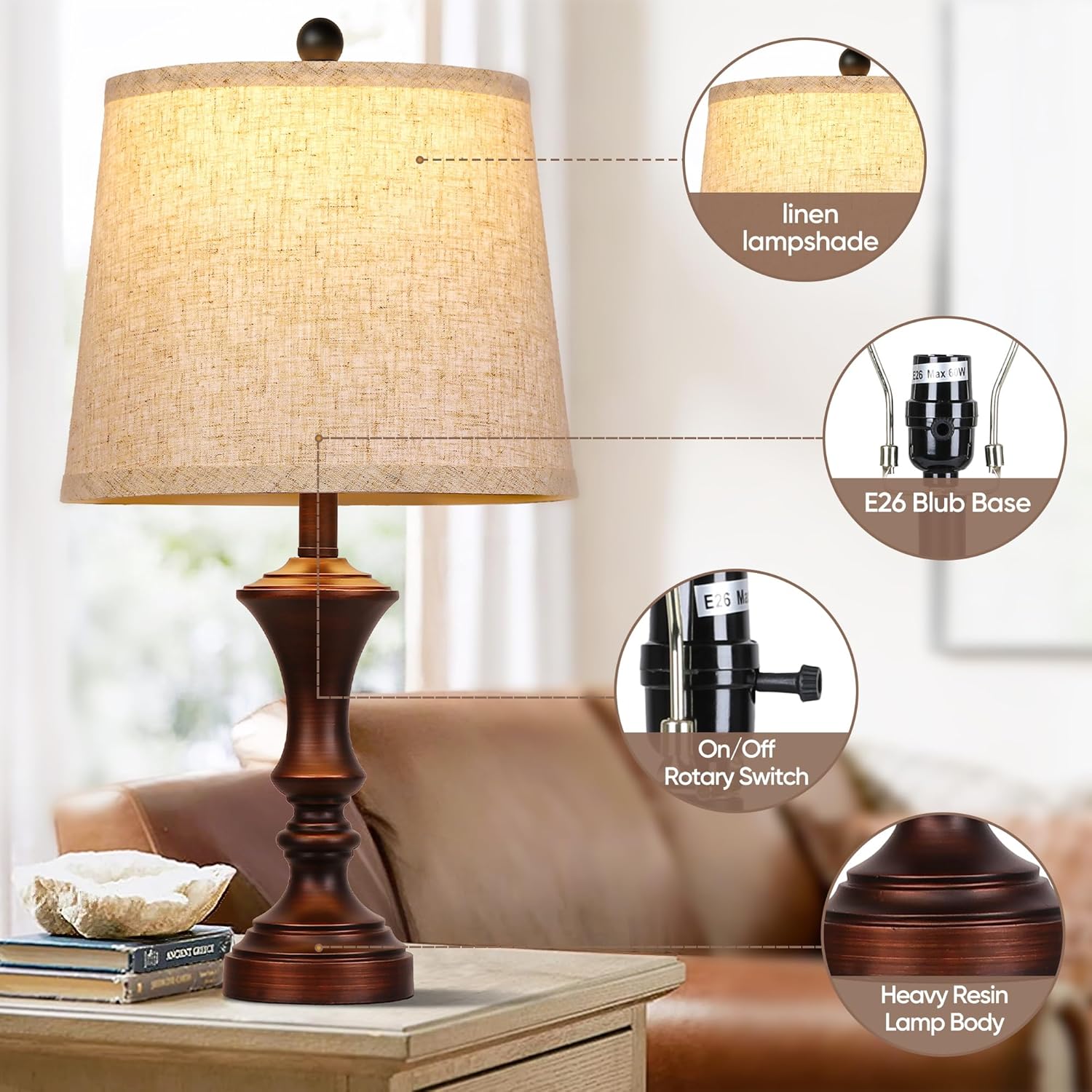 ROTTOGOON Set of 2 Retro Table Lamps – Vintage Bedside Lamps – Retro Brown