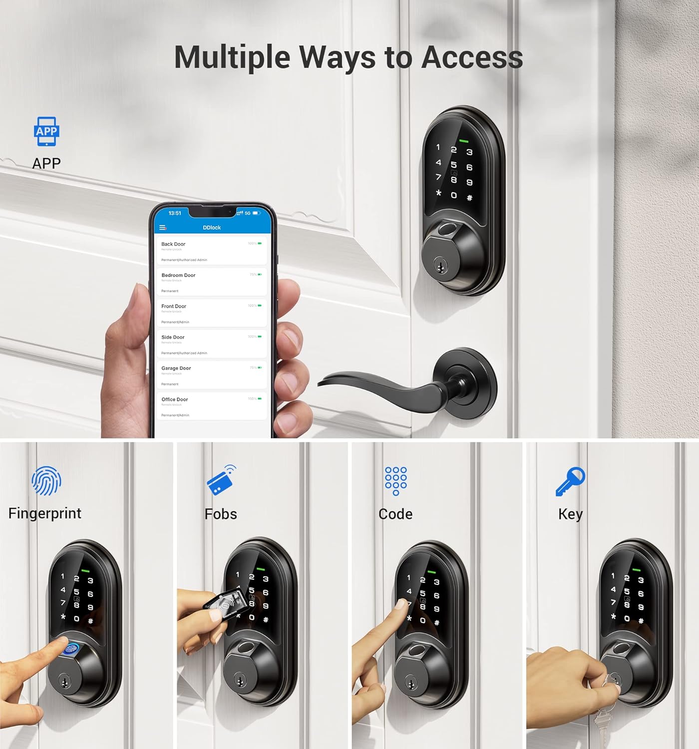 Veise Smart Lock – 7-in-1 Fingerprint Keyless Entry Door Lock with App Control, Touchscreen Keypad, Biometric Smart Deadbolt, Alexa/Google Compatible, Matte Black
