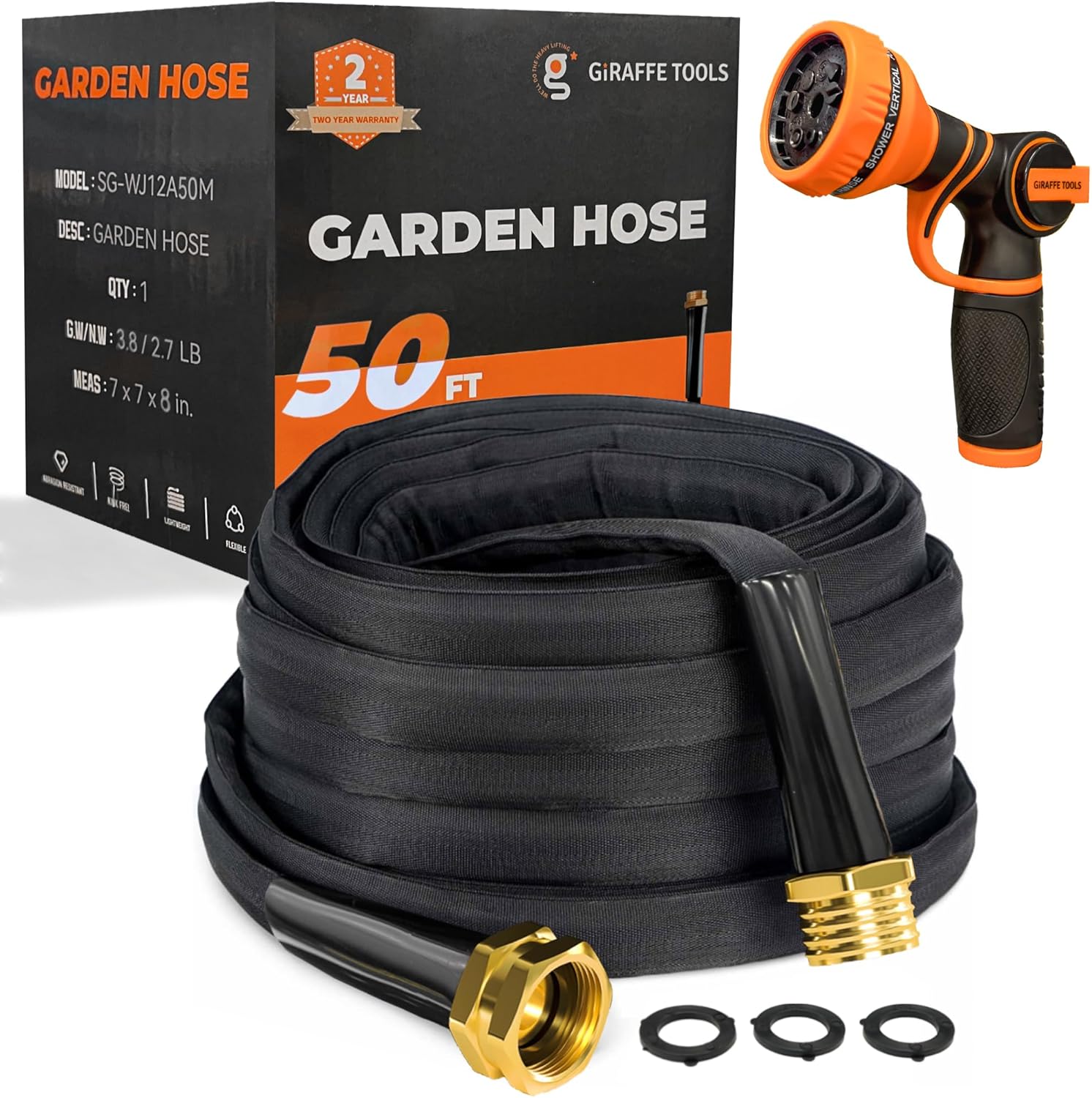 Giraffe Tools 50FT Garden Hose – Lightweight, Lay-Flat, Flexible PVC Water Hose with 9-Function Nozzle – Kink-Free Design (Black)