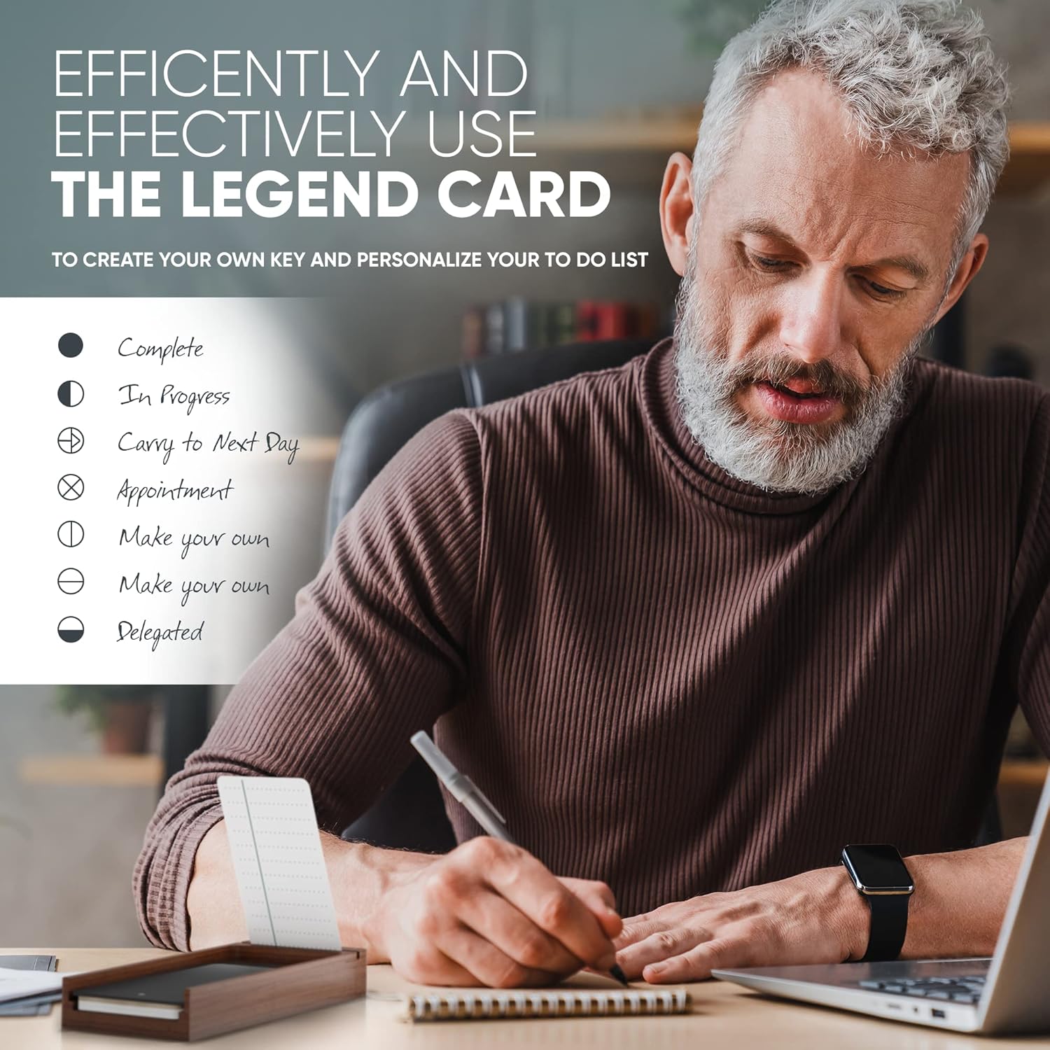 Mind Design Undated Daily Planner with Walnut Stand – 120 Checklist Cards & 10 Goal Cards – 3x5” Spiral-Bound Notepads – Magnetic Closure