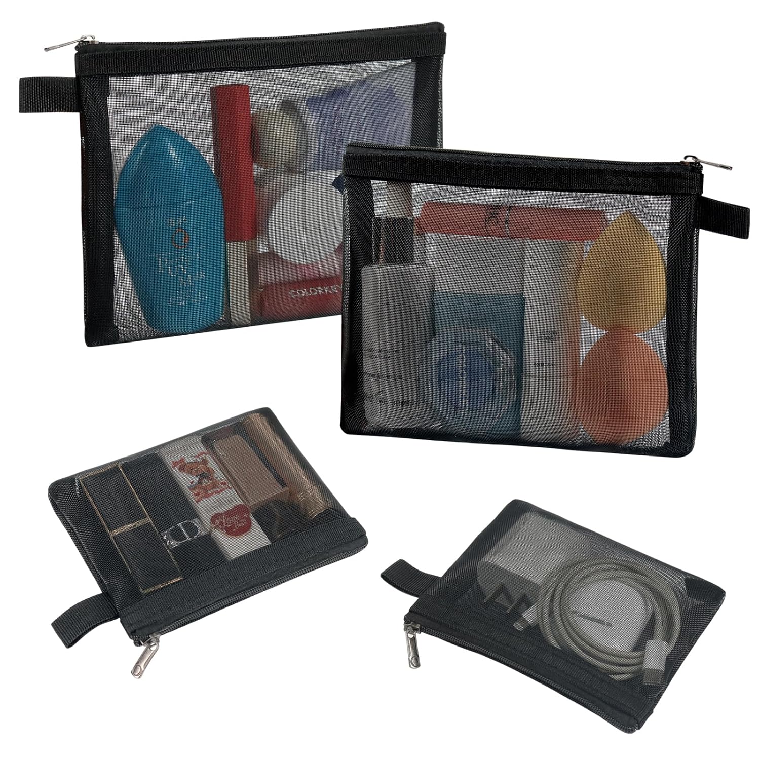 4 Pack Mini Cosmetic Bags – Nylon Mesh Makeup Bags with Zipper for Home, Office, or Purse (Black)