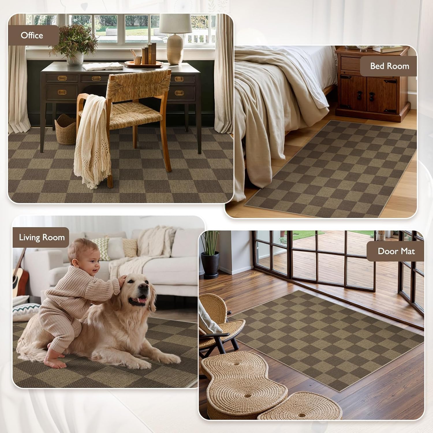 Anidaroel 48"x60" Chair Mat for Hardwood & Tile Floors – Anti-Slip Desk Chair Rug for Home Office, Large Rectangular Floor Protector for Rolling Chairs, Rice Coffee-2 / Check