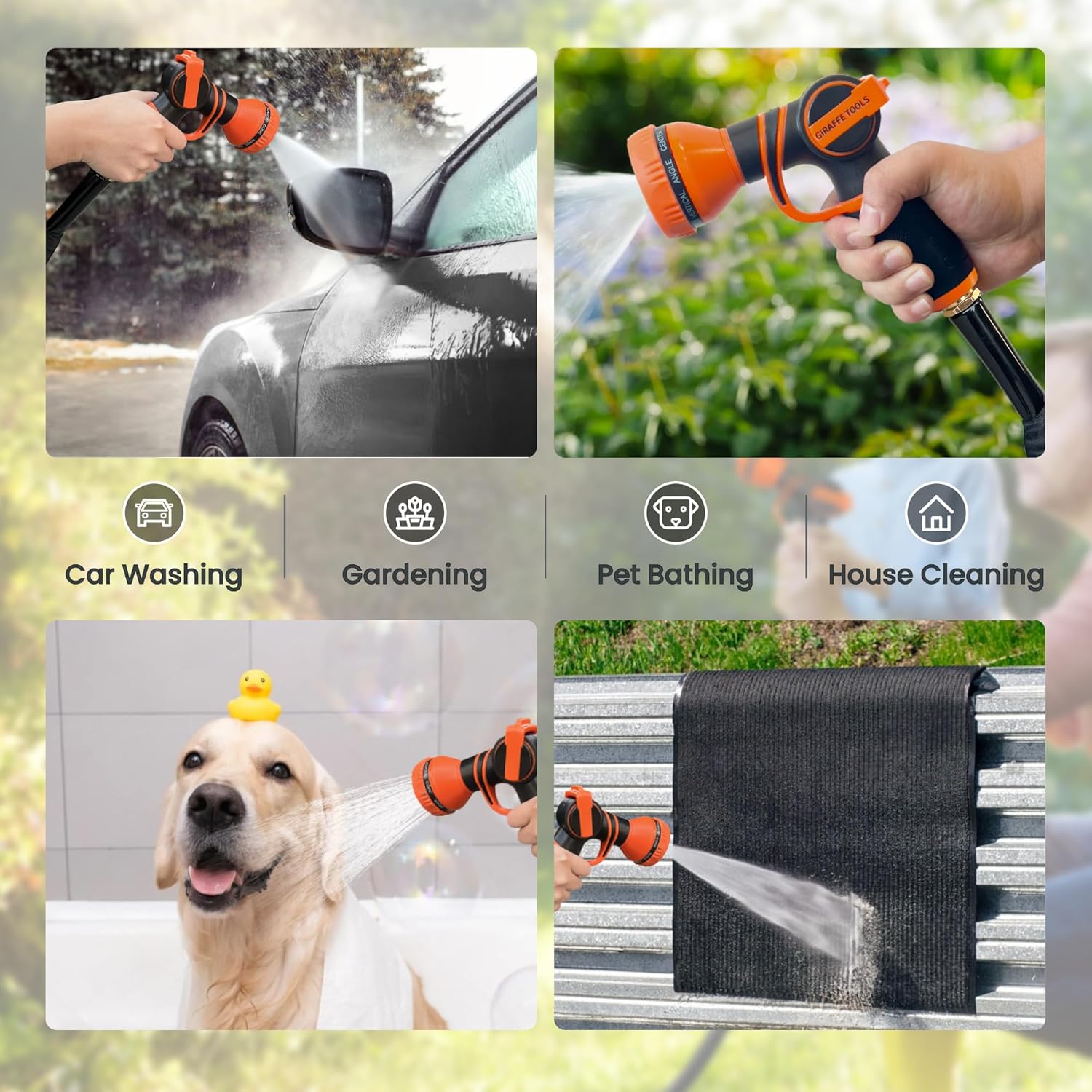 Giraffe Tools 50FT Garden Hose – Lightweight, Lay-Flat, Flexible PVC Water Hose with 9-Function Nozzle – Kink-Free Design (Black)