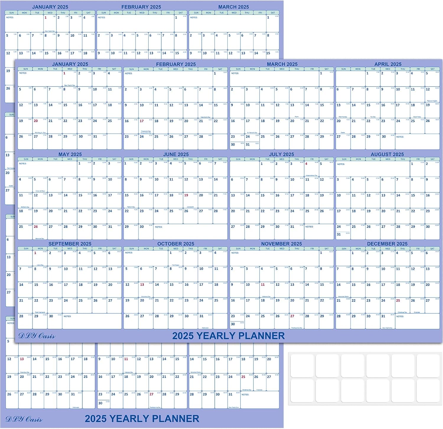 DLY Oasis 32" x 48" 2025 Wall Calendar – Folded Wet & Dry Erase Laminated Yearly Planner with Julian Dates, Horizontal/Vertical Layout – Blue – New