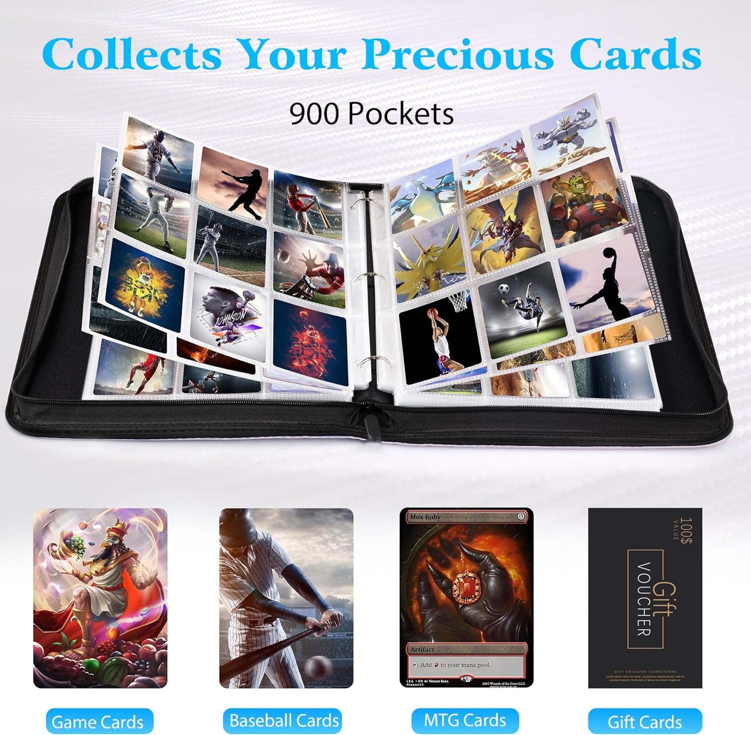 WOT I 900-Pocket Trading Card Binder – Zippered Card Holder Case with Double-Sided Sleeves