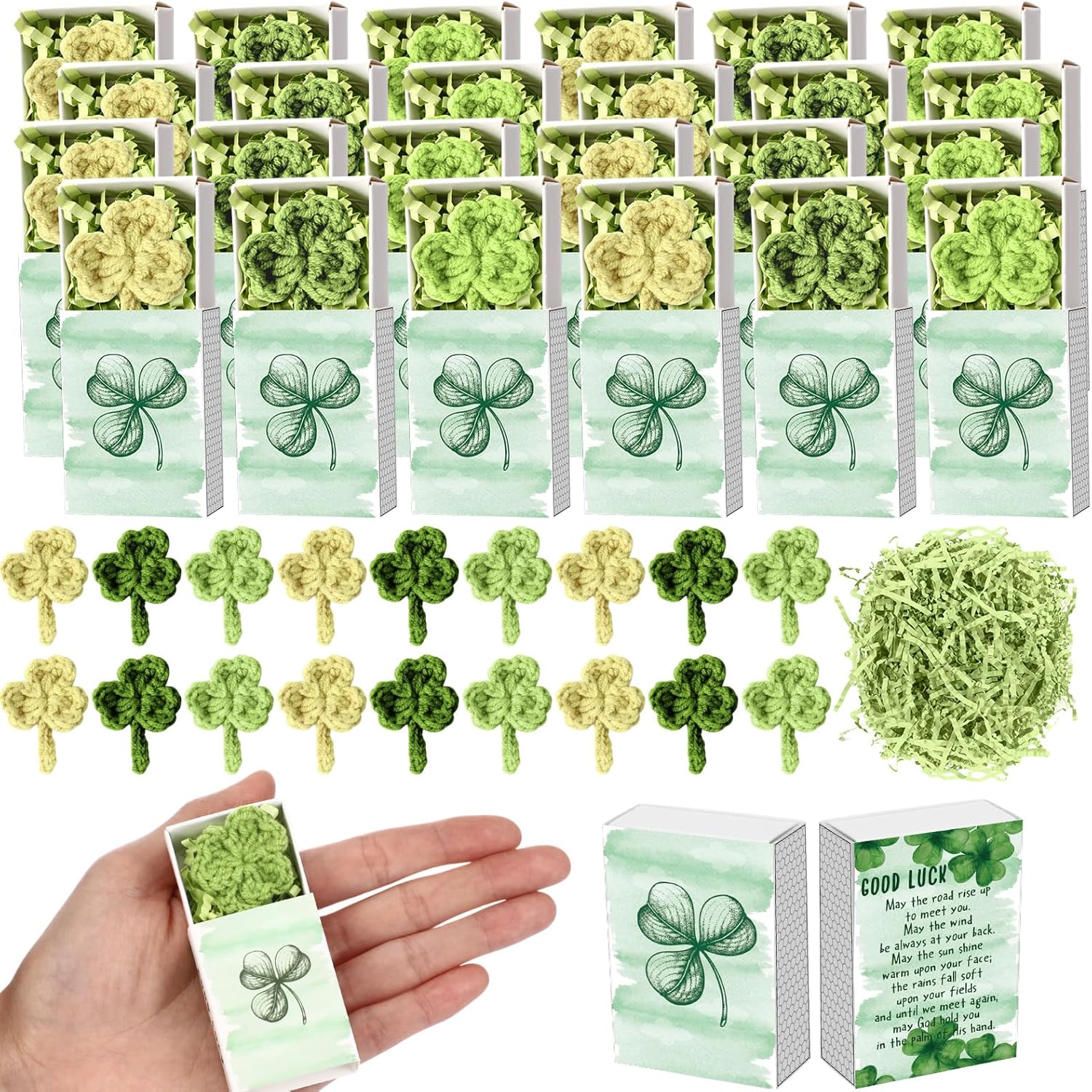 Wettarn 24 Sets St. Patrick's Day Crochet Shamrock Gifts – Handmade Lucky Clover with Greeting Box, Irish Day Party Favors & Decorations