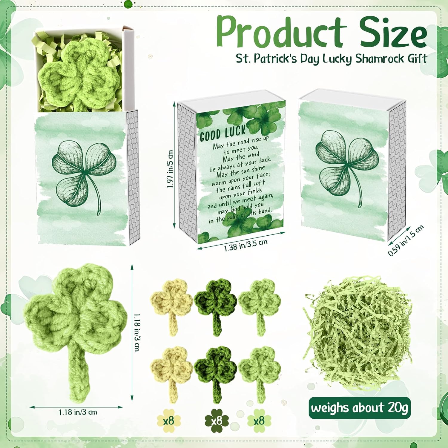 Wettarn 24 Sets St. Patrick's Day Crochet Shamrock Gifts – Handmade Lucky Clover with Greeting Box, Irish Day Party Favors & Decorations