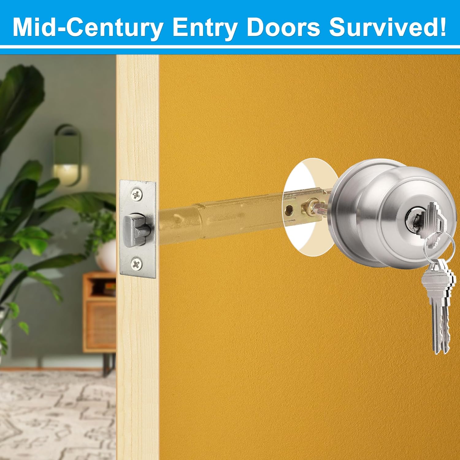 ACEPLANET 5" Backset Entry Door Latch with Standard Keyed Knobset – Satin Nickel Finish, Non-Handed, Square Interface & Corner Faceplate