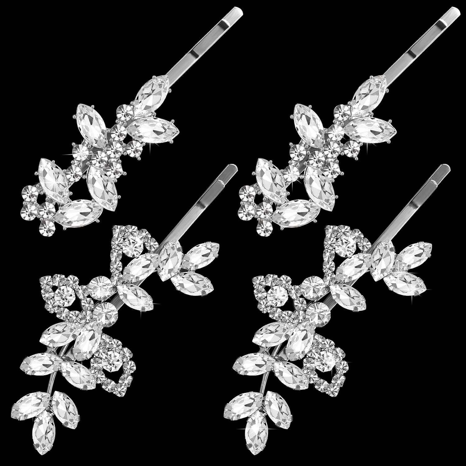 Isslly 4PCS Silver Rhinestones Hair Clips – Bridal Crystal Hair Pins in Leaf Design, French Style Barrettes for Women & Girls