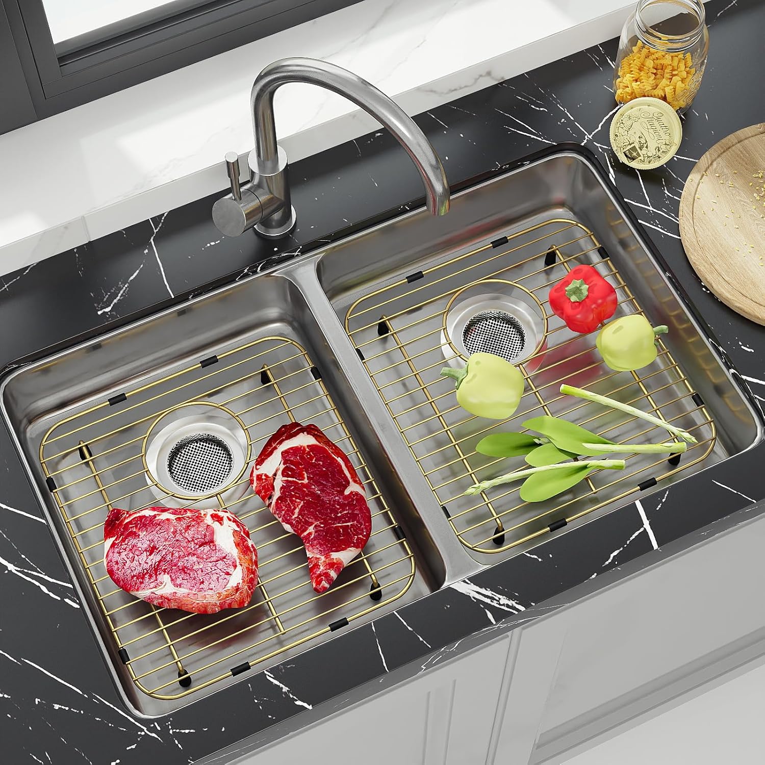 Sink Protectors for Kitchen Sink – Universal Double Bowl Bottom Grid, Offset Drain, Golden Stainless Steel, 11.6" x 13.12", 2-Pack