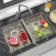 Sink Protectors for Kitchen Sink – Universal Double Bowl Bottom Grid, Offset Drain, Golden Stainless Steel, 11.6" x 13.12", 2-Pack