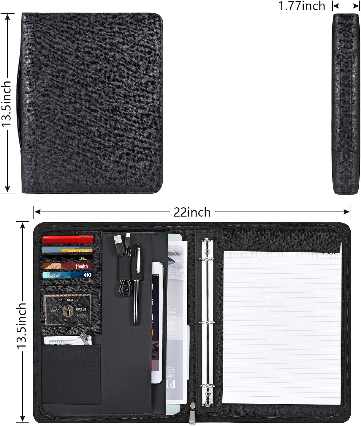 Portfolio Binder – Pacific Mailer 3-Ring Binder Organizer with Leather Folder, Writing Pad, Zipper Business Notebook for Tablets, Notepads, Resumes & Documents