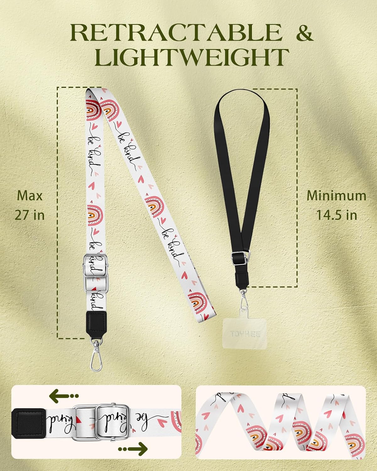 3-in-1 Phone Lanyard Strap Crossbody – 2 Pack for iPhone & Cell Phones – Adjustable Neck Strap with Tab & Key Ring (Black + “Be Kind” Design)