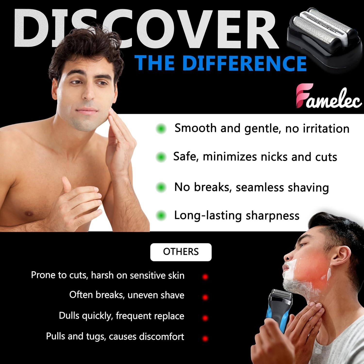 Head Shaver Replacement for Braun Series 3 – 32B Foil & Cutter, Waterproof, Compatible with Wet & Dry Electric Razors