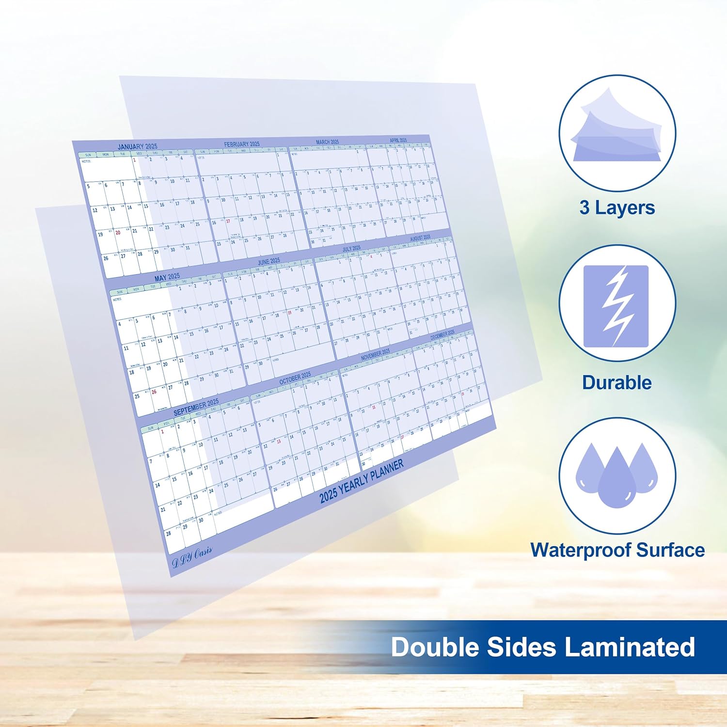 DLY Oasis 32" x 48" 2025 Wall Calendar – Folded Wet & Dry Erase Laminated Yearly Planner with Julian Dates, Horizontal/Vertical Layout – Blue – New