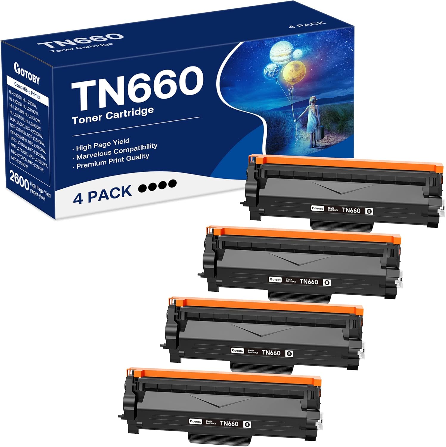 TN660 Toner Cartridge Replacement – High Yield Black Toner, 4-Pack Compatible with Brother HL-L2380DW, MFC-L2700DW, DCP-L2540DW