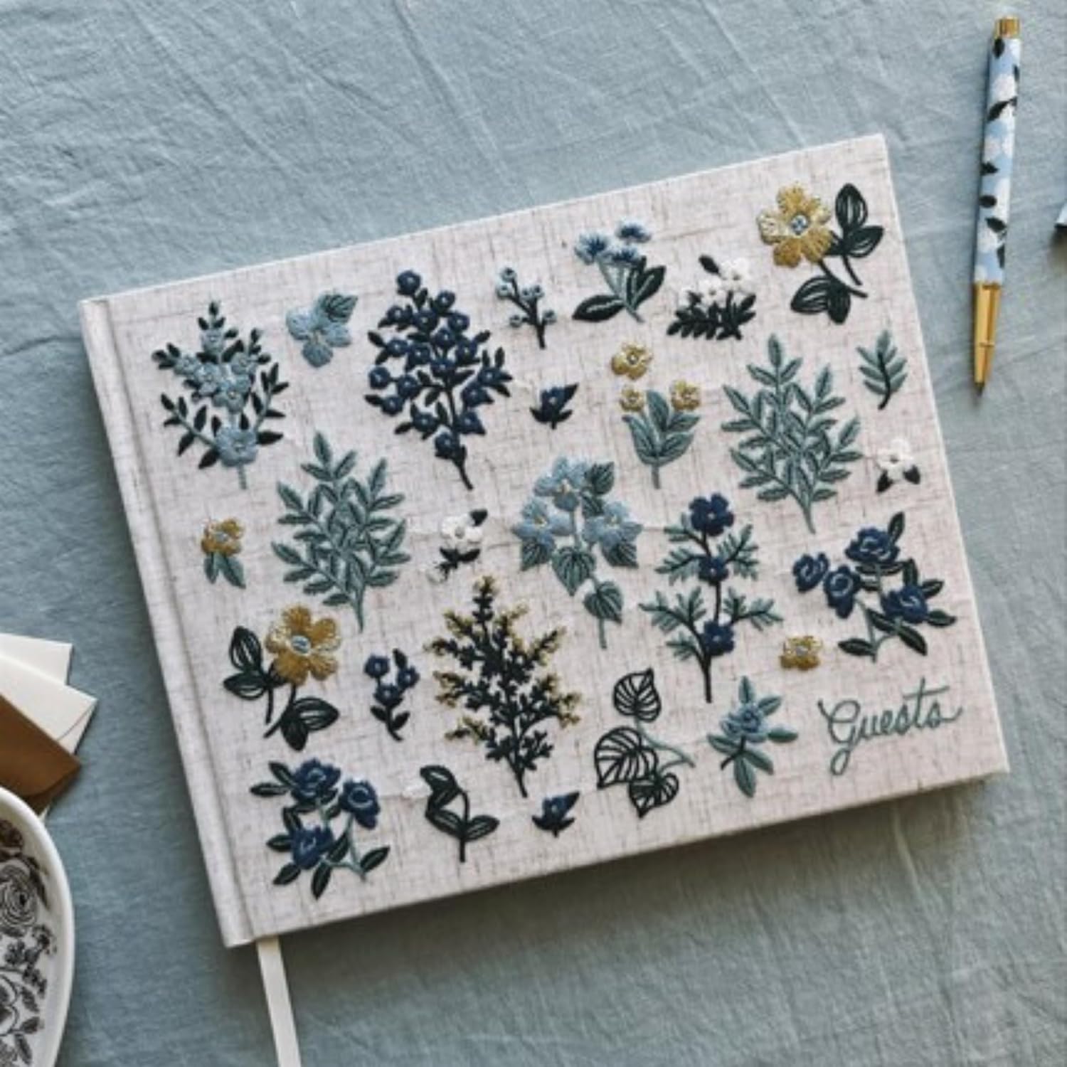 Wildwood Embroidered Fabric Guest Book – Hard Cover, Lay-Flat Binding, 144 Ruled Pages, Gold Ink, Grosgrain Bookmark