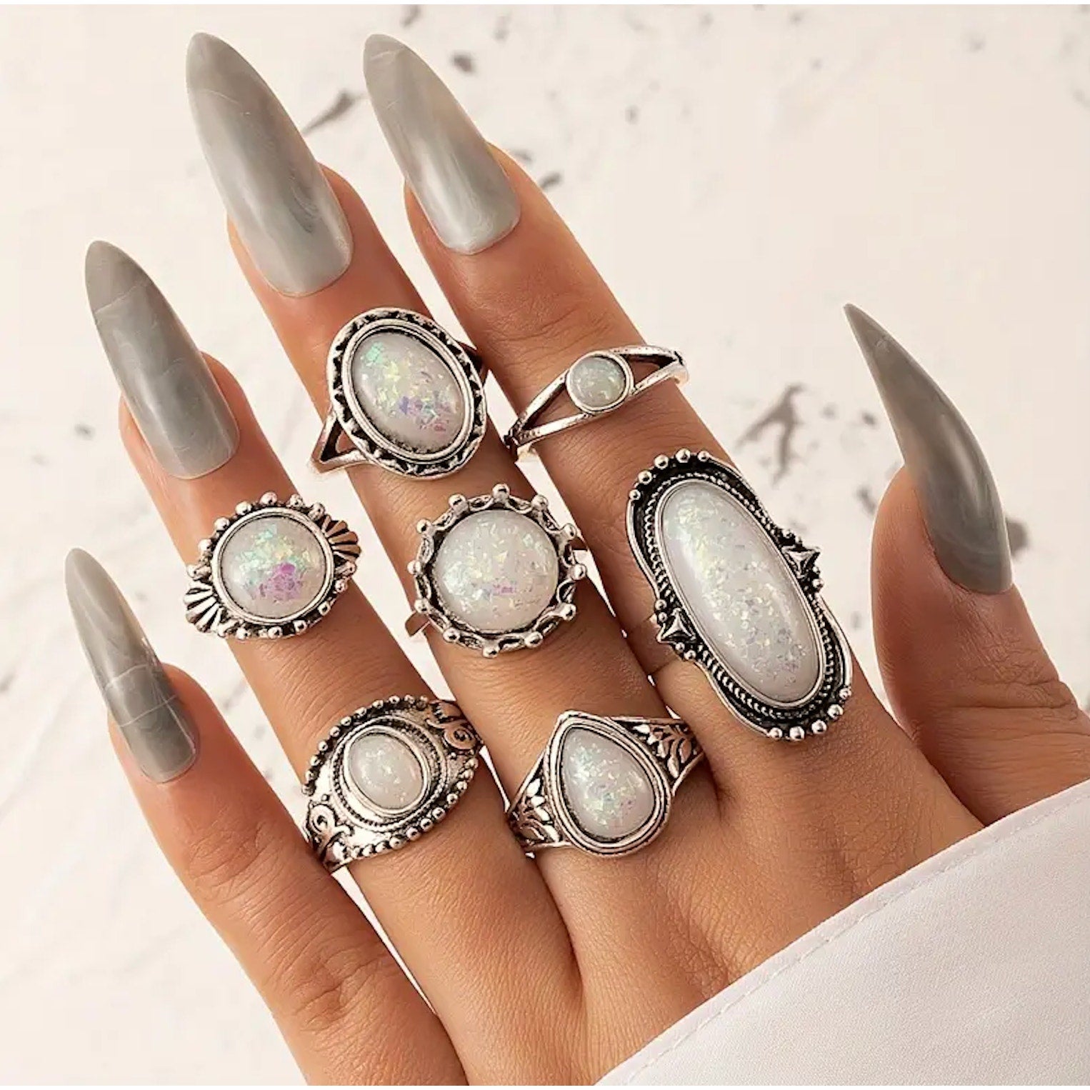 8 Piece Women's Gemstone-Like Bohemian Ring Set, Opal - Various Sizes