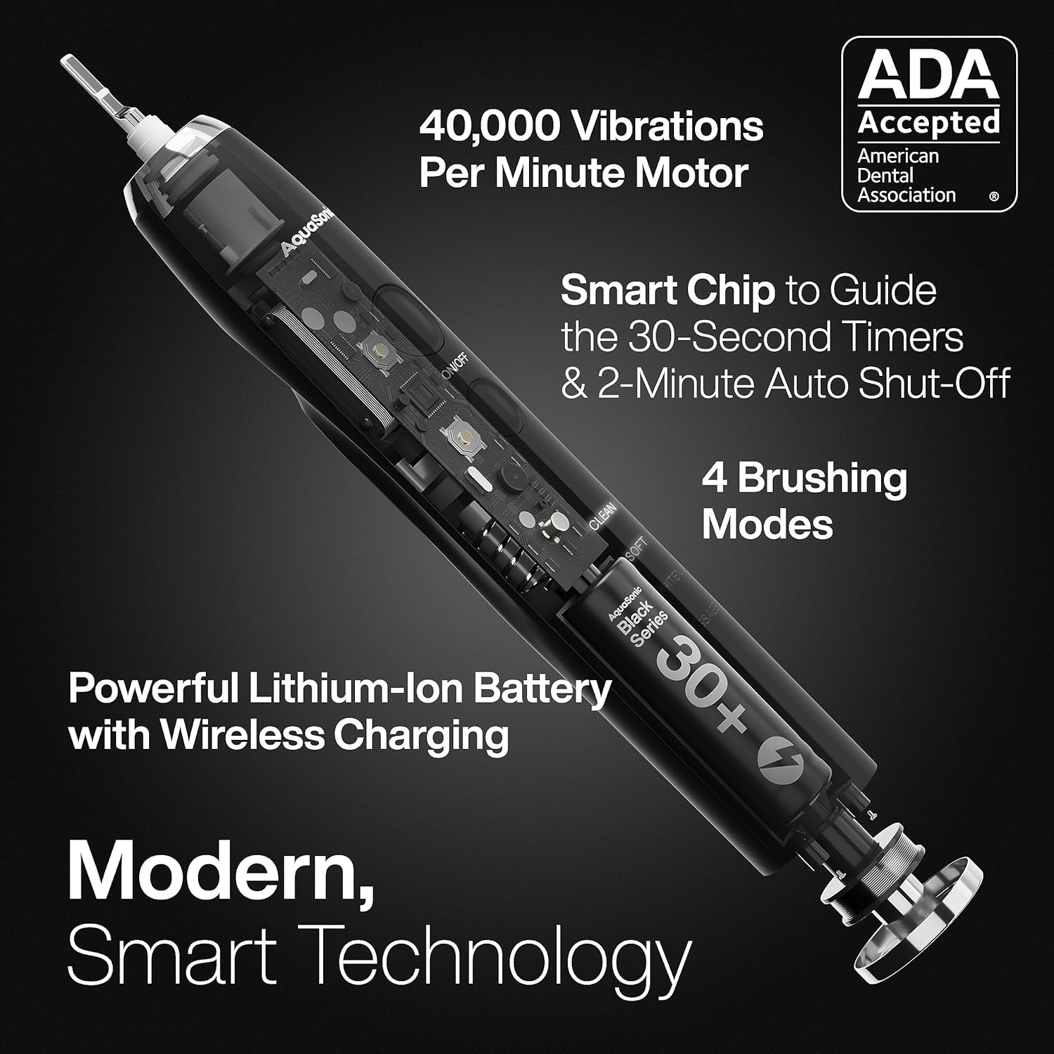Aquasonic Black Series Ultra Whitening Toothbrush – ADA Accepted Electric Toothbrush with 8 Brush Heads & Travel Case – 40,000 VPM Motor, Wireless Charging, 4 Modes & Smart Timer