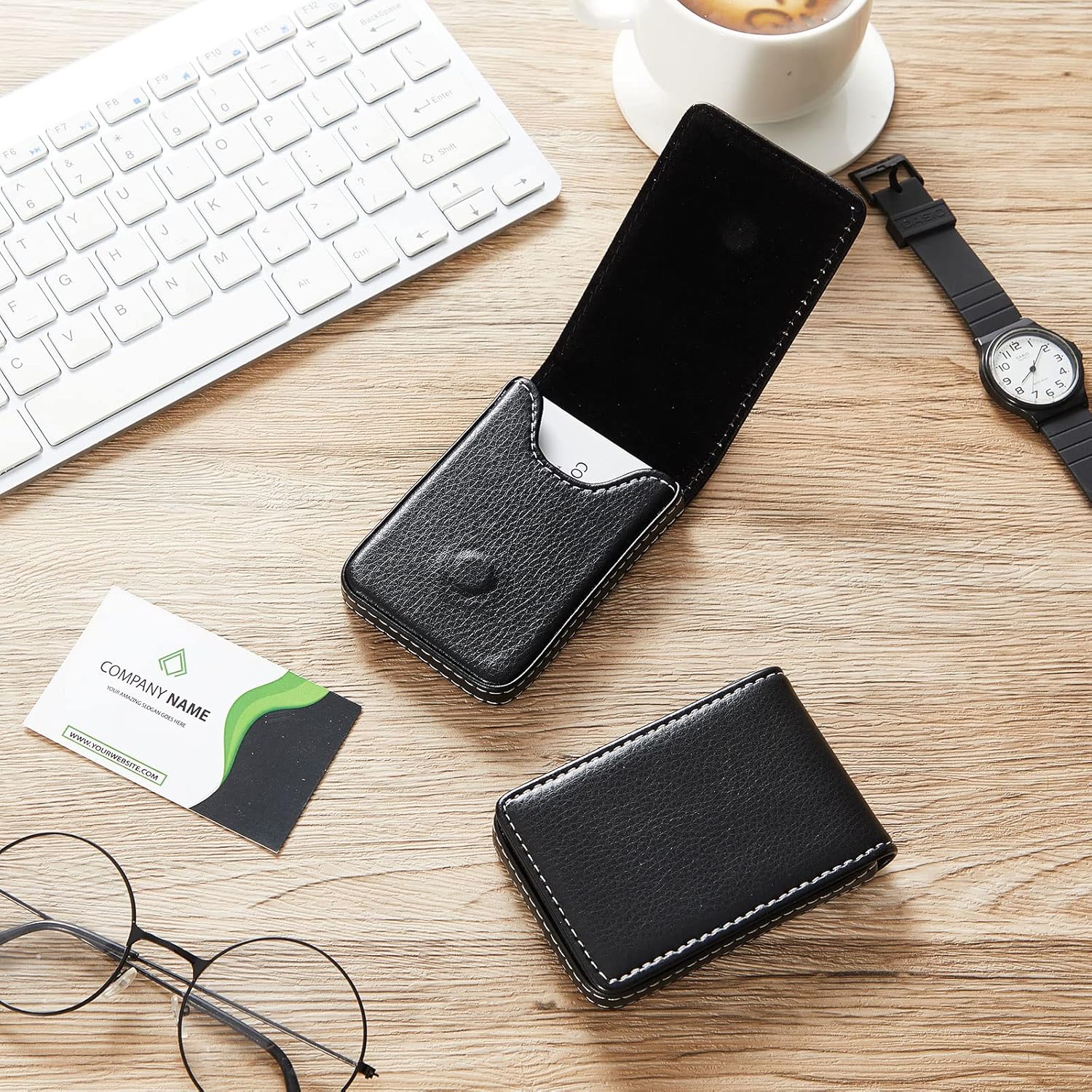 Outus 2-Piece PU Leather Business Card Holder Case – Magnetic Closure Pocket Wallet for Men and Women (Black)