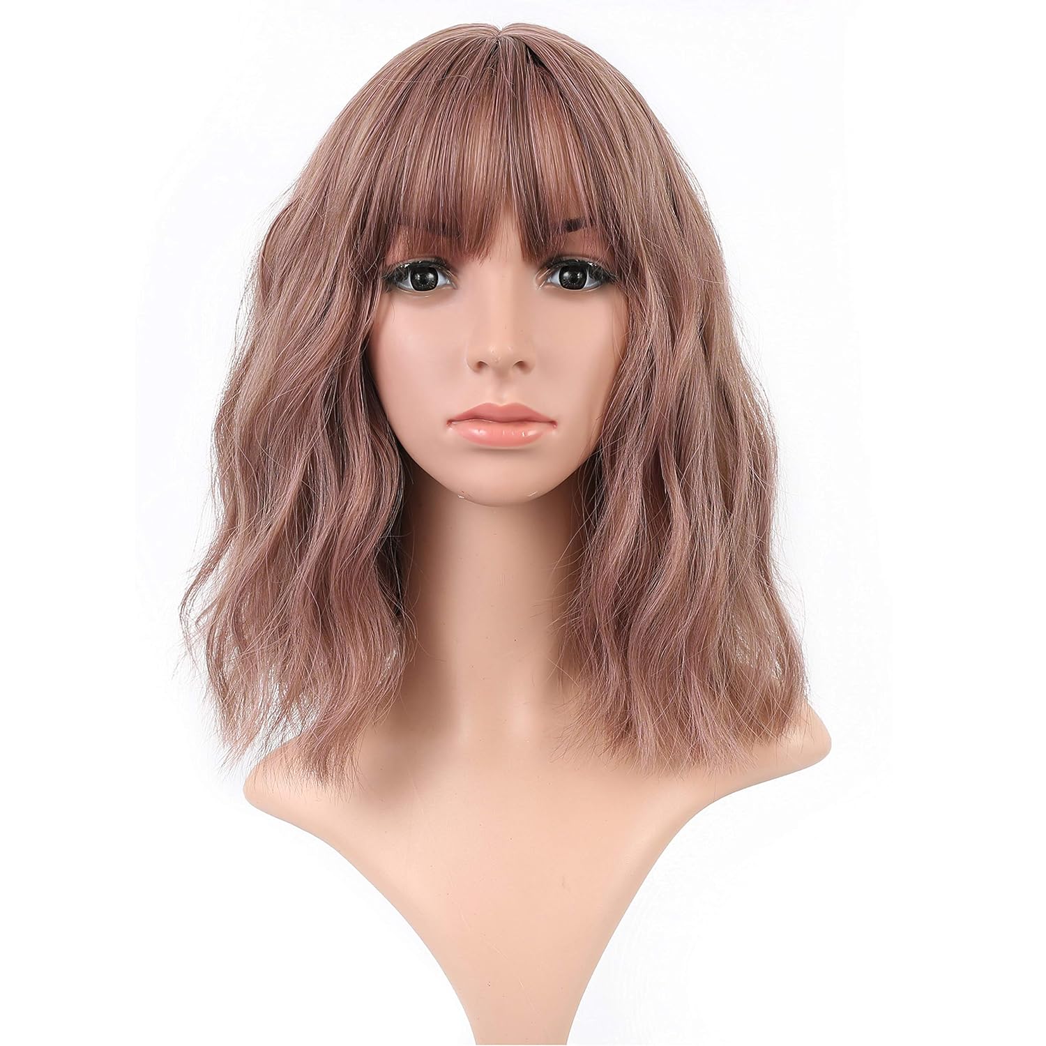 VCKOVCKO 12" Rattan Short Natural Wavy Wig with Air Bangs – Shoulder Length Curly Cosplay Synthetic Bob Wig for Women and Girls