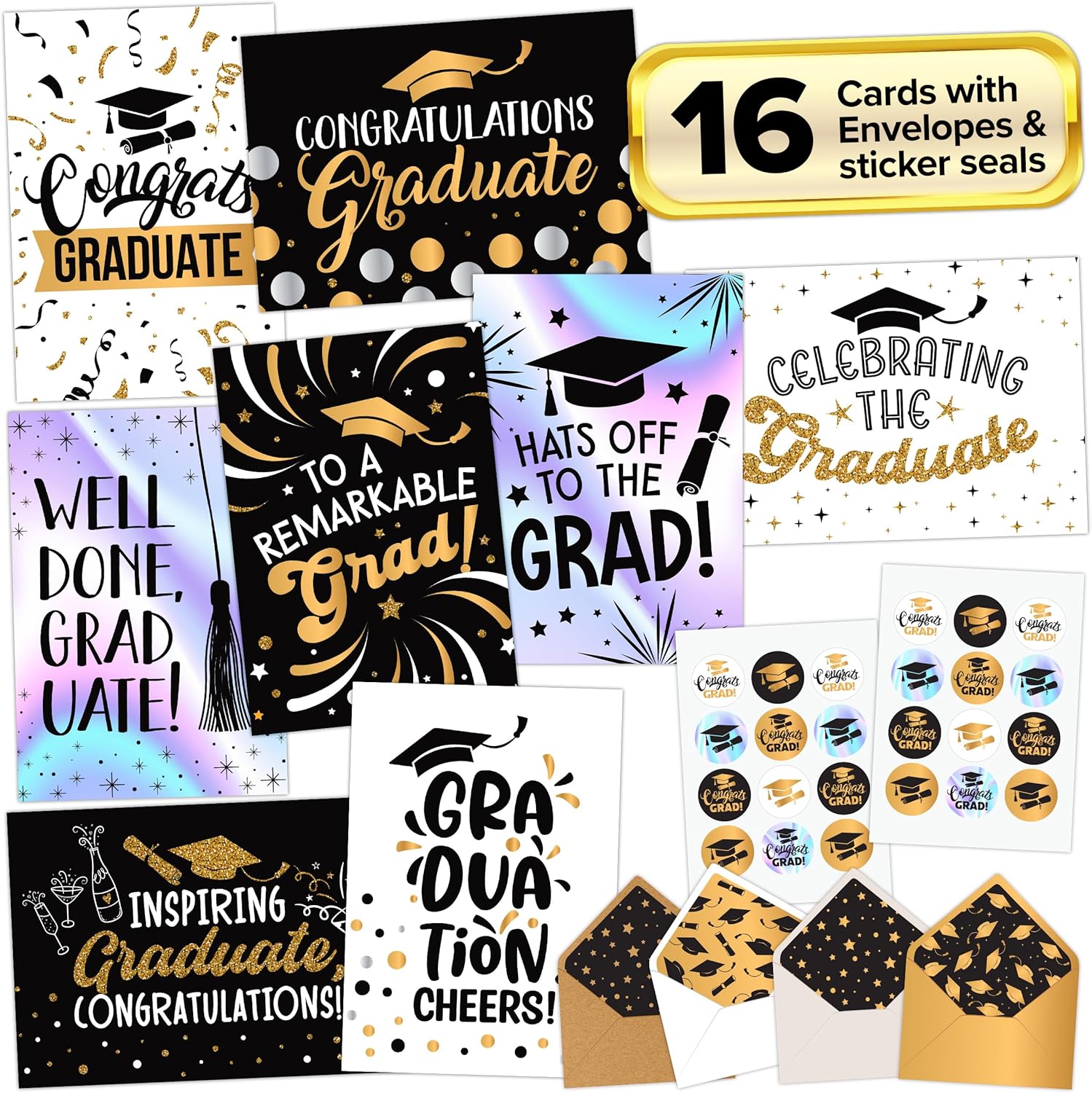 16-Pack Foiled, Glittery & Holographic Graduation Cards 2025 – 5x7in Cards with Envelopes & Stickers, 8 Elegant Designs